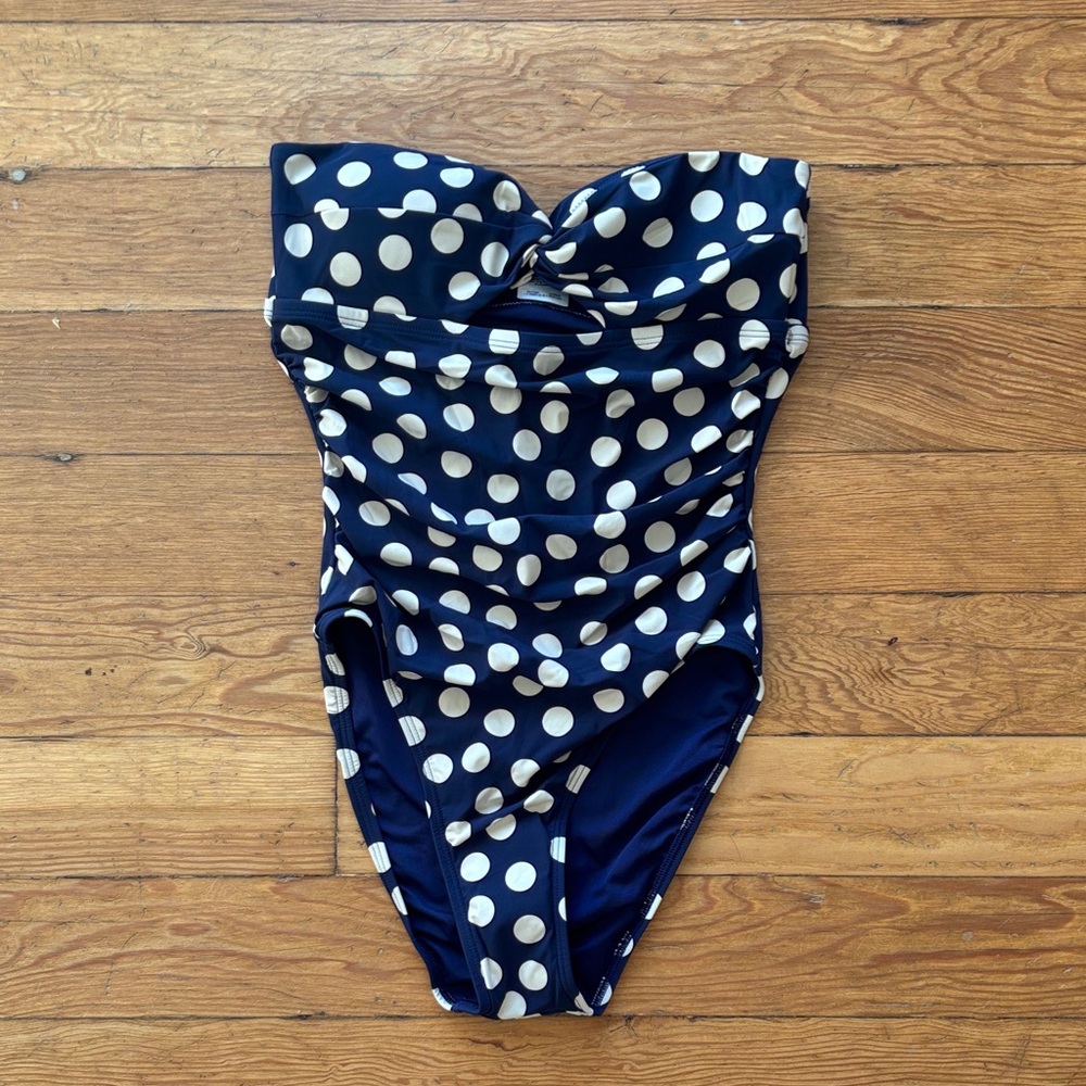 J. Crew One Piece strapless key hole polka dot Size 4 swim suit navy blue NWT